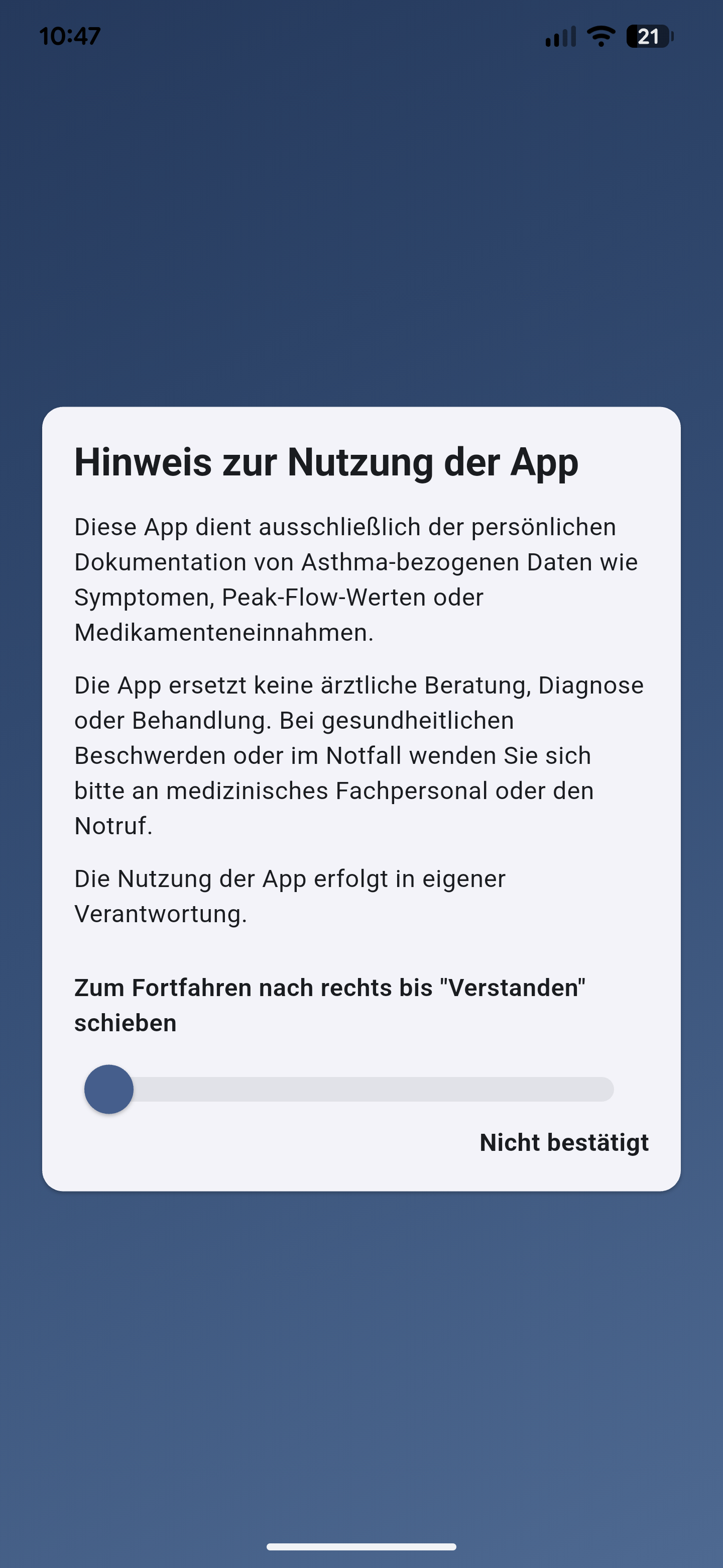Screenshot der Asthma Tagebuch App mit Nutzungshinweis