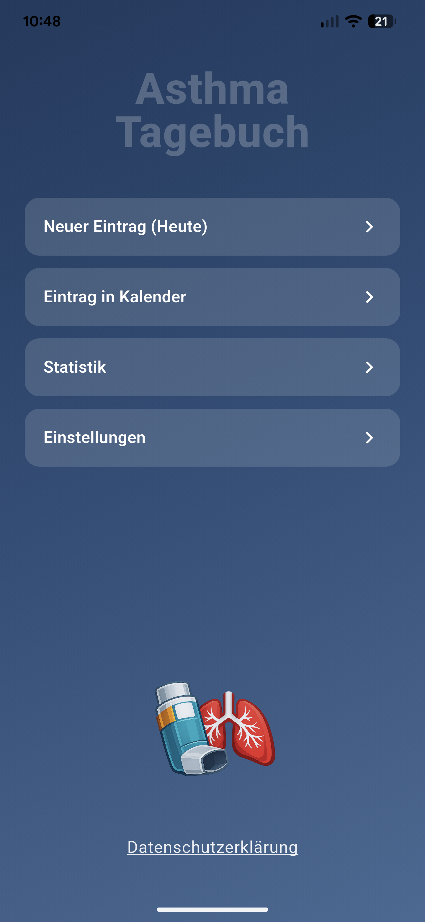 Screenshot der Startseite der Asthma Tagebuch App