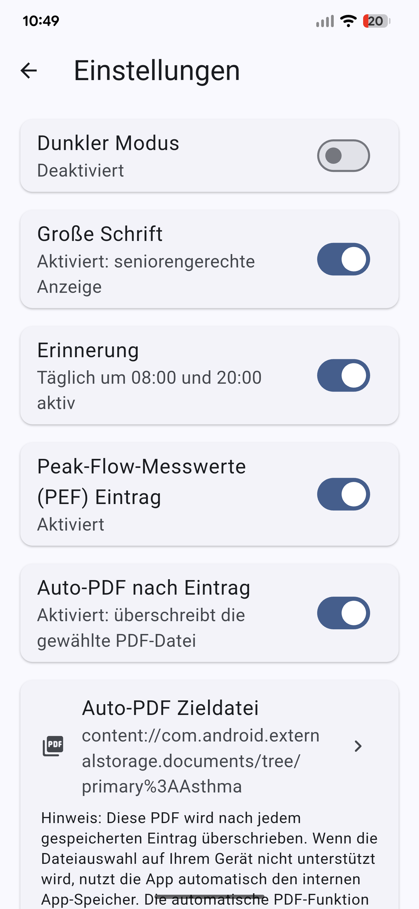 Screenshot der Einstellungen der Asthma Tagebuch App