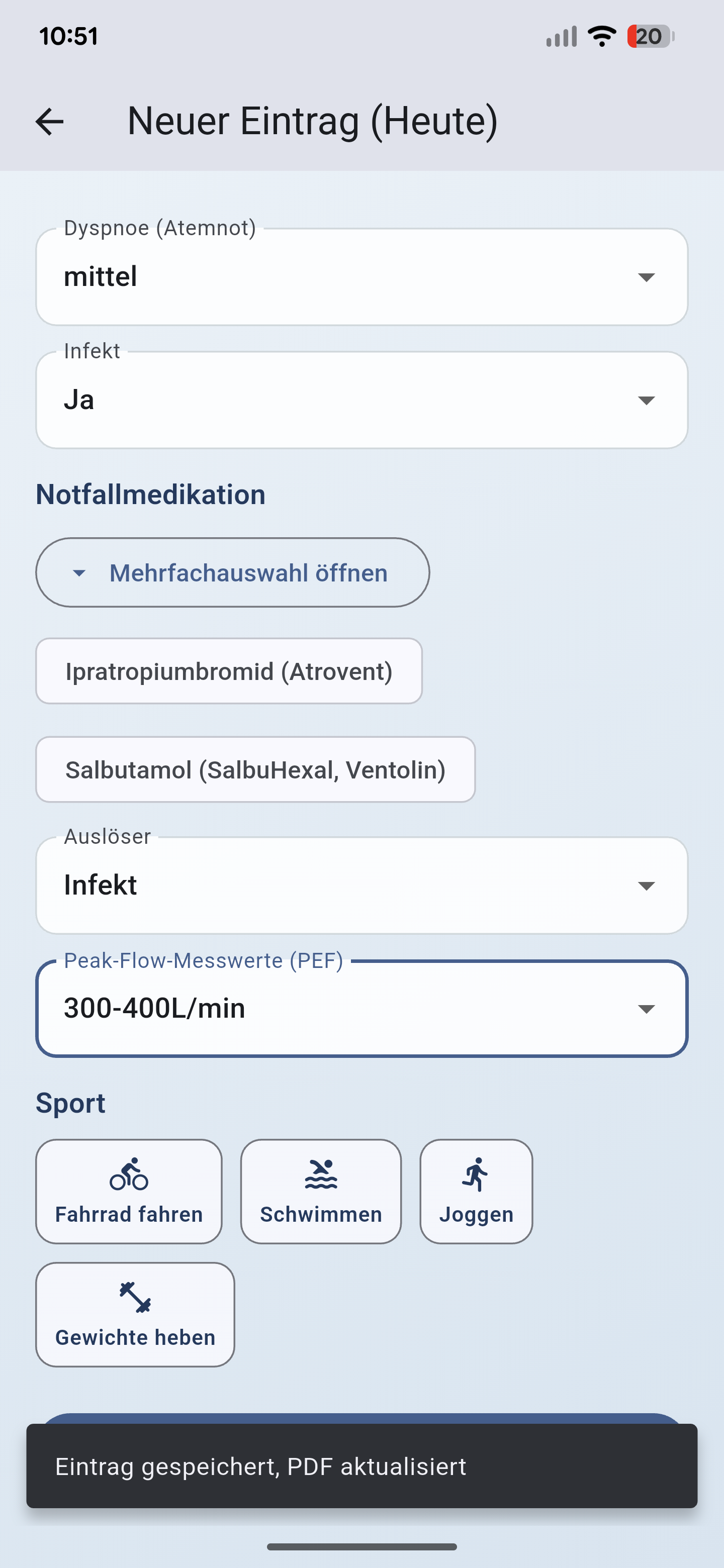 Screenshot eines neuen Eintrags in der Asthma Tagebuch App