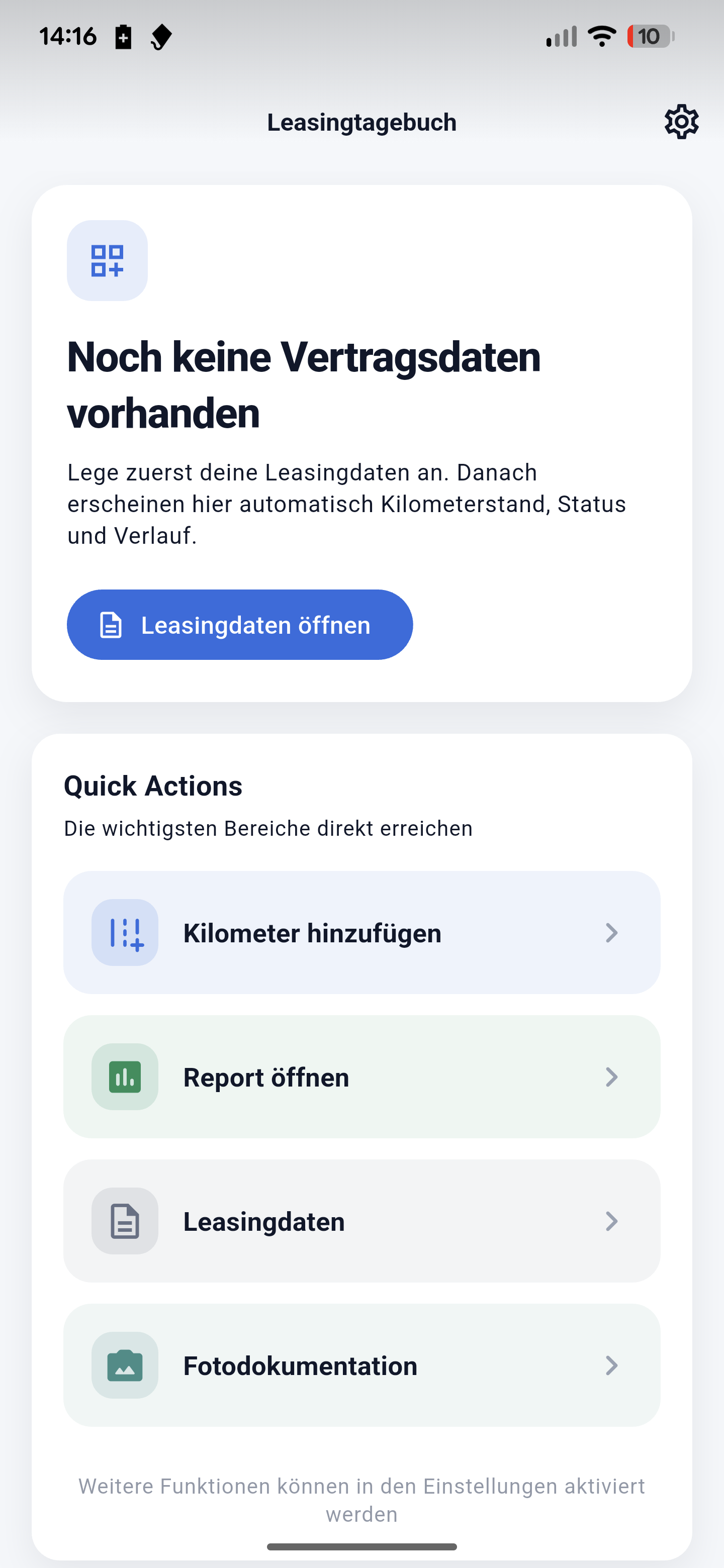 Screenshot der Startansicht ohne hinterlegte Vertragsdaten