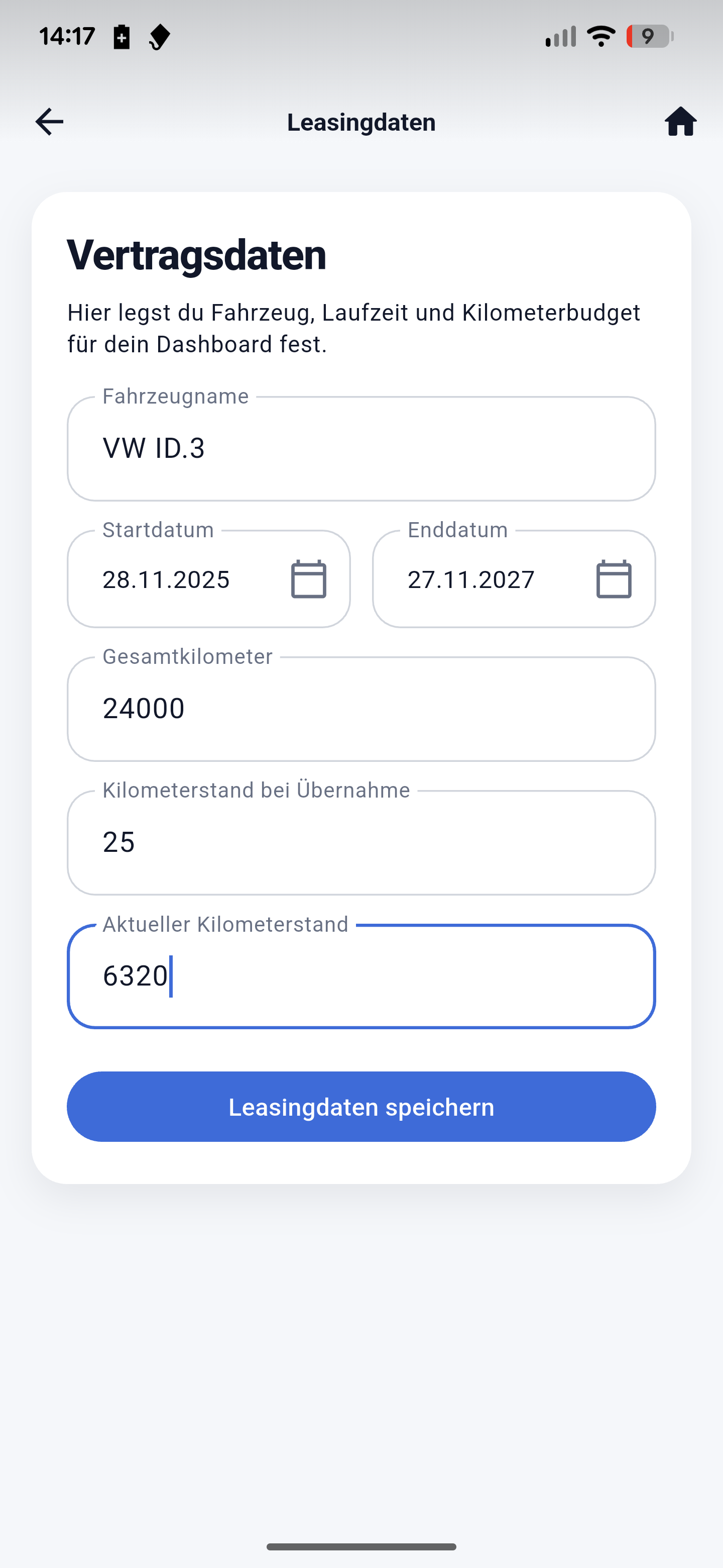 Screenshot einer Übersichtsansicht der App Leasing Tagebuch