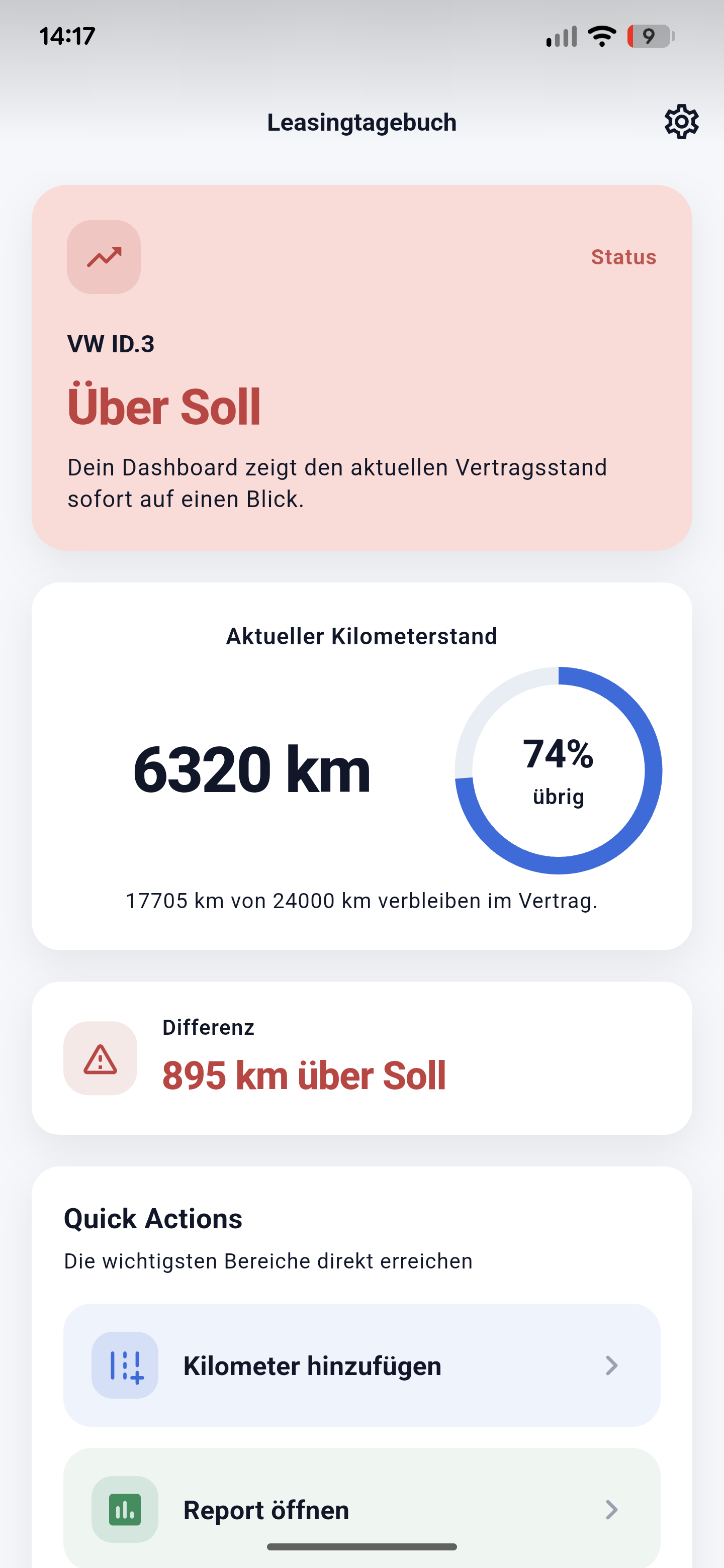 Screenshot mit Kilometerübersicht der App Leasing Tagebuch