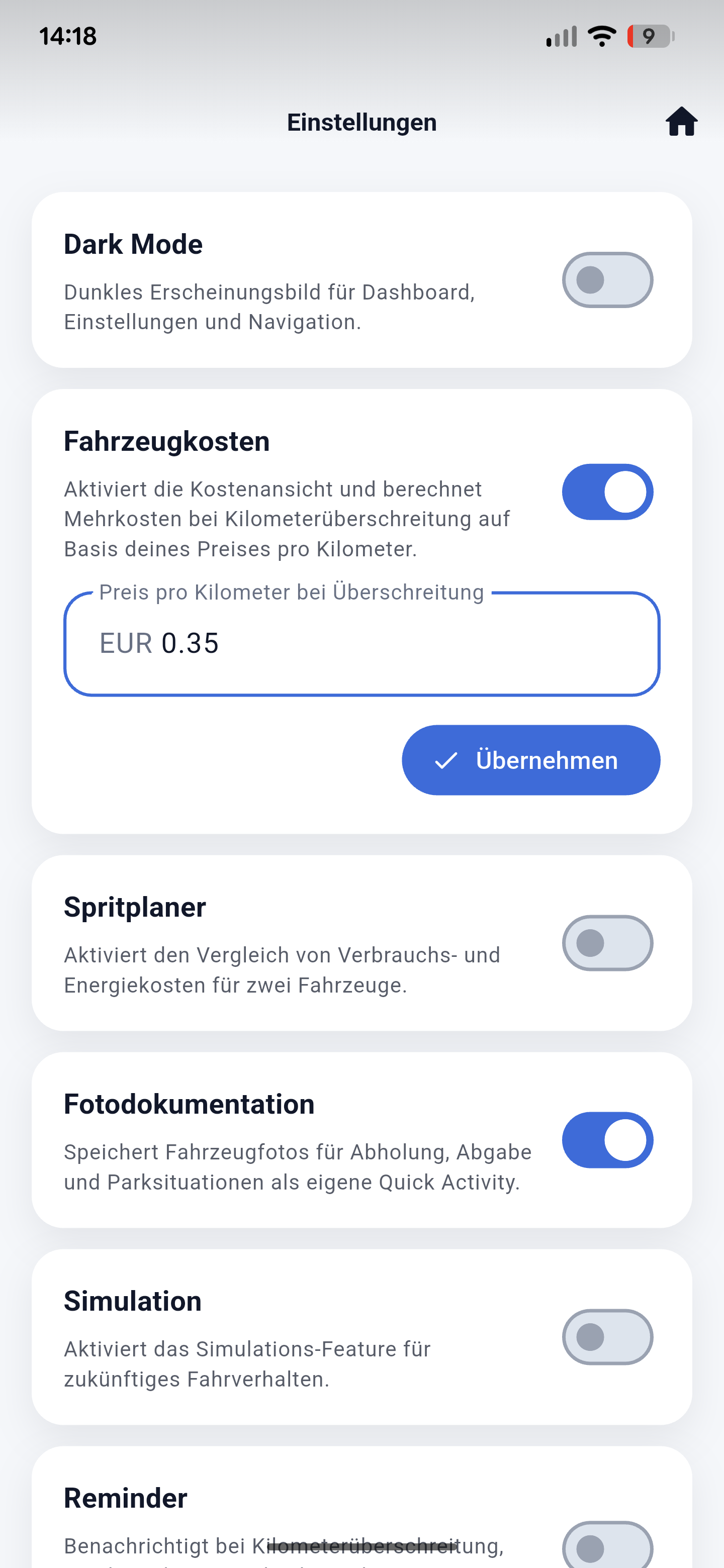 Screenshot mit Leasingdaten in der App Leasing Tagebuch