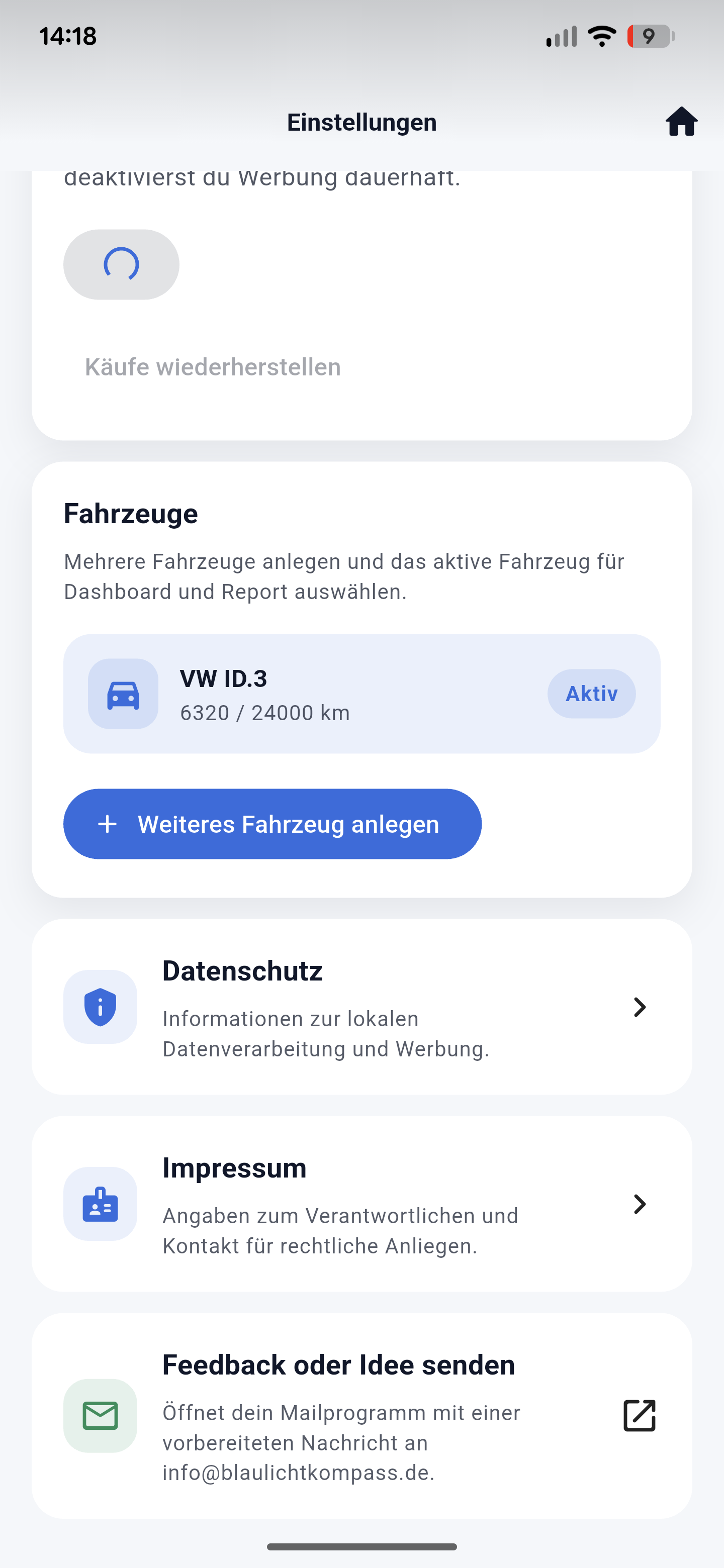 Screenshot mit Statusübersicht der App Leasing Tagebuch