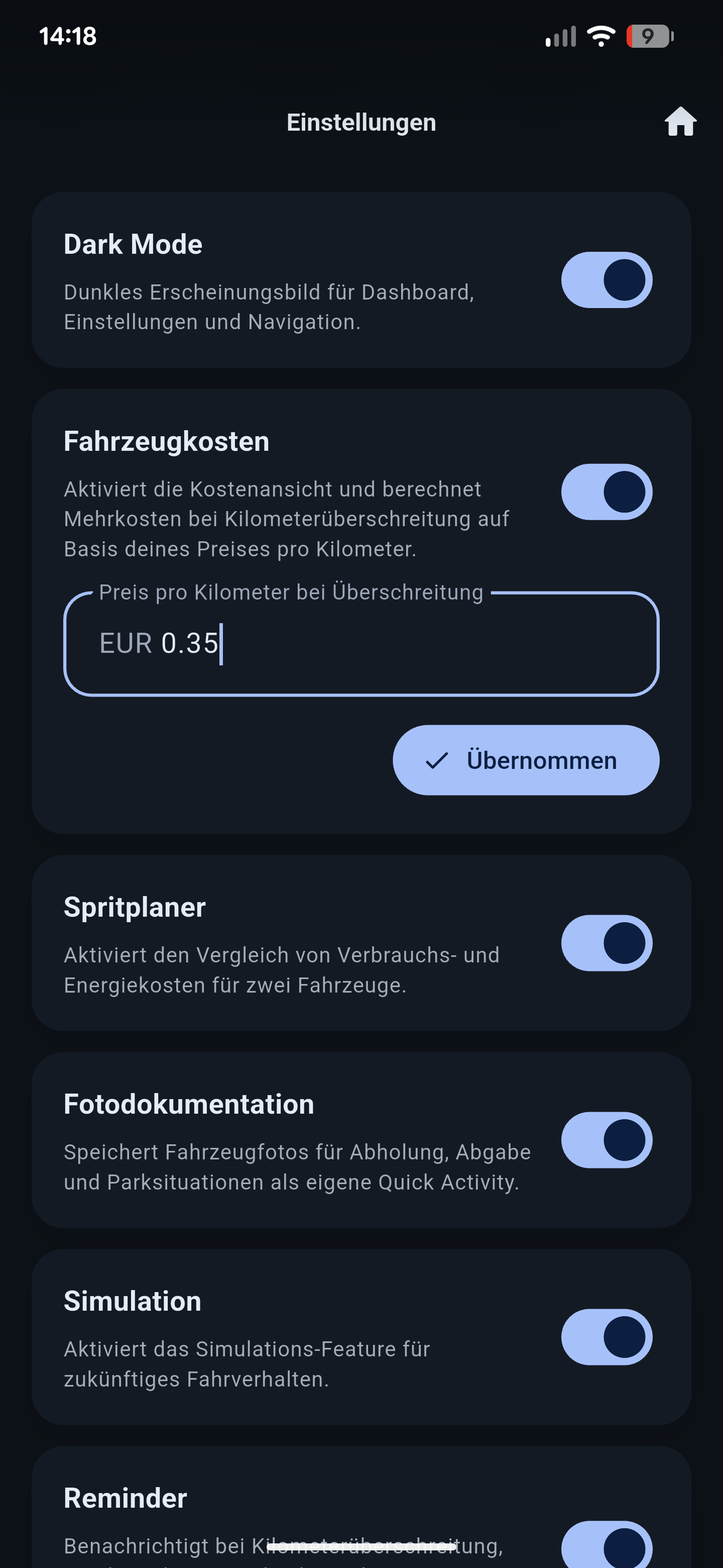 Screenshot mit Restkilometer und Verlauf