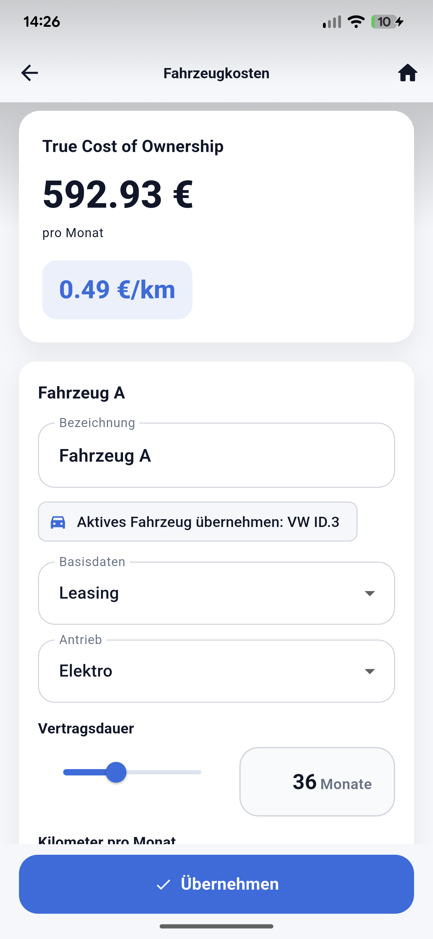 Screenshot der Seite Fahrzeugkosten