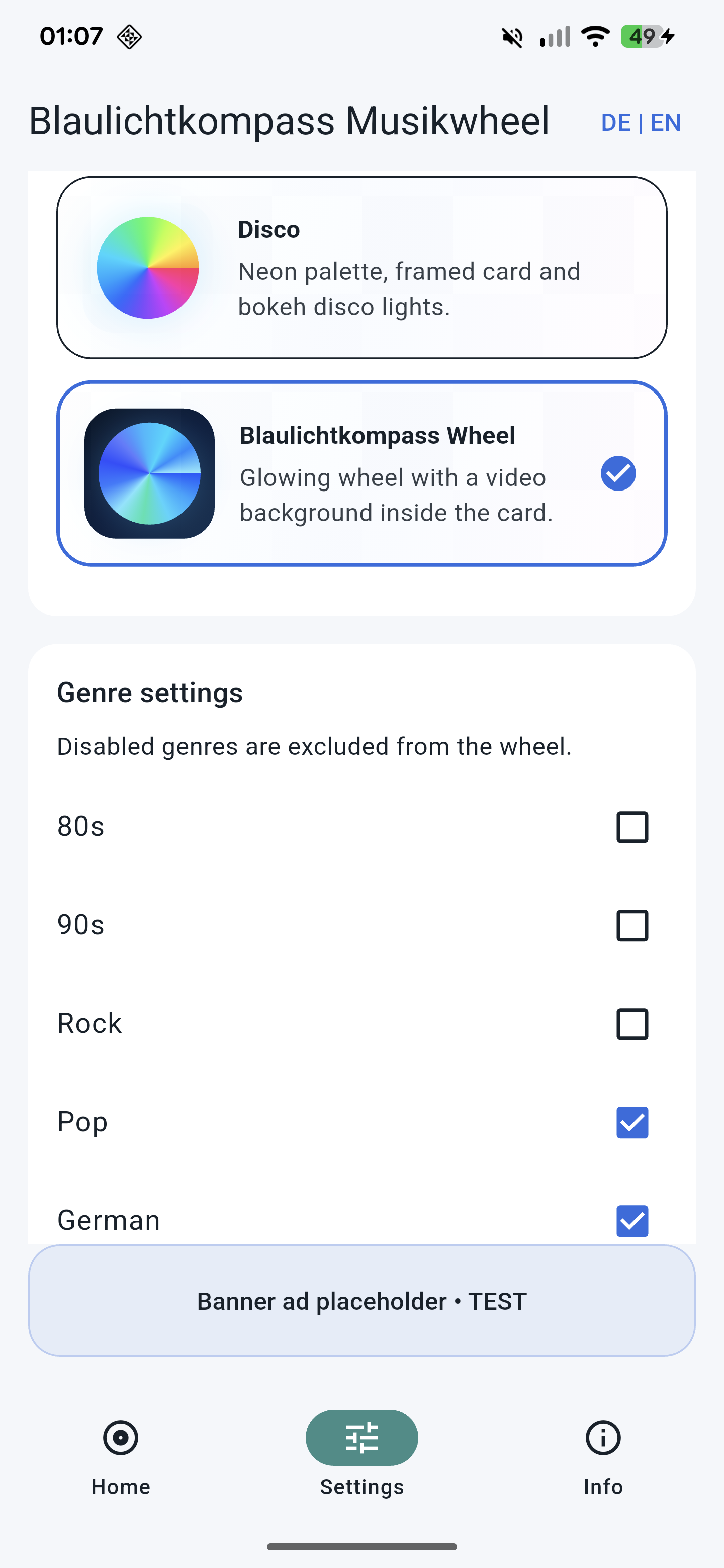 Screenshot der Genre-Einstellungen von Blaulichtkompass Musikwheel