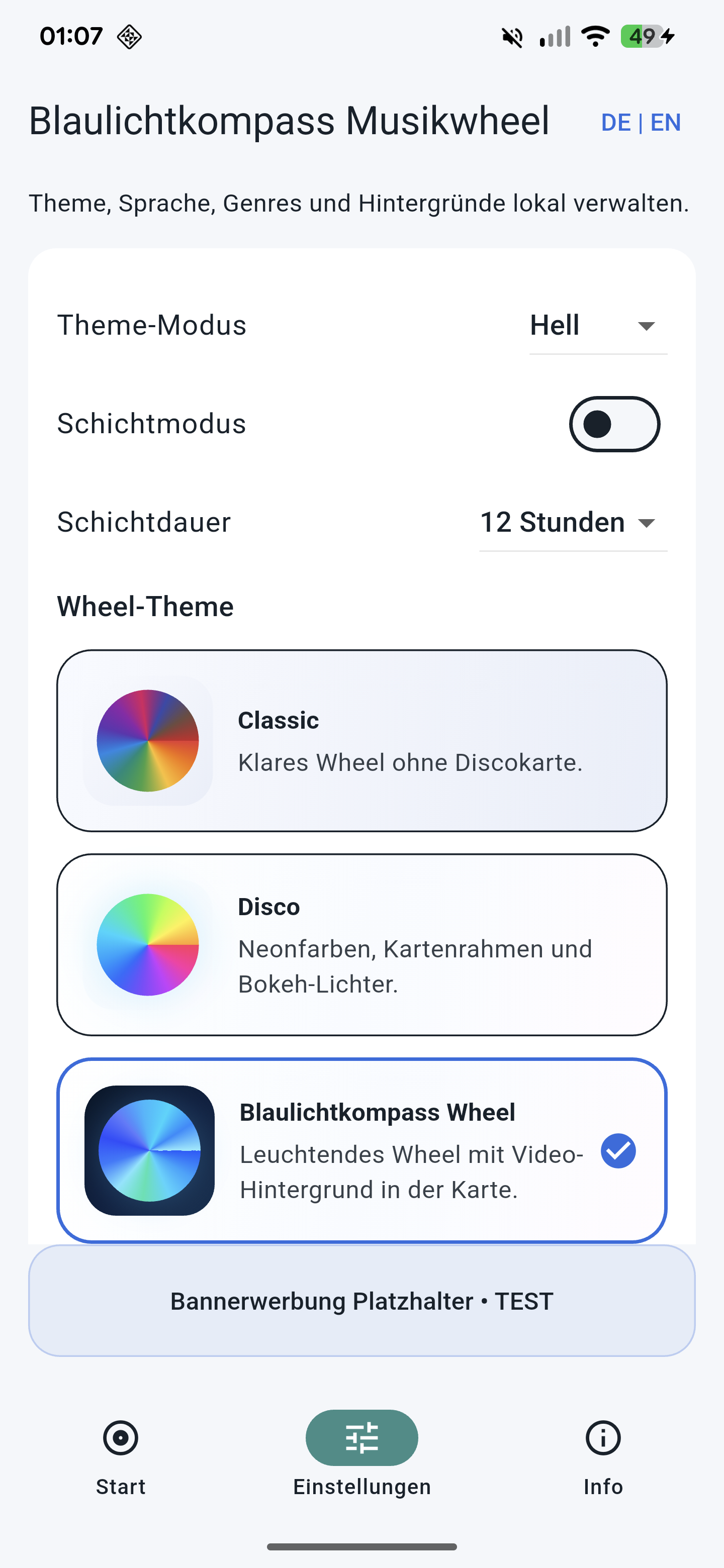 Screenshot der Theme- und Einstellungsansicht der App Musikwheel