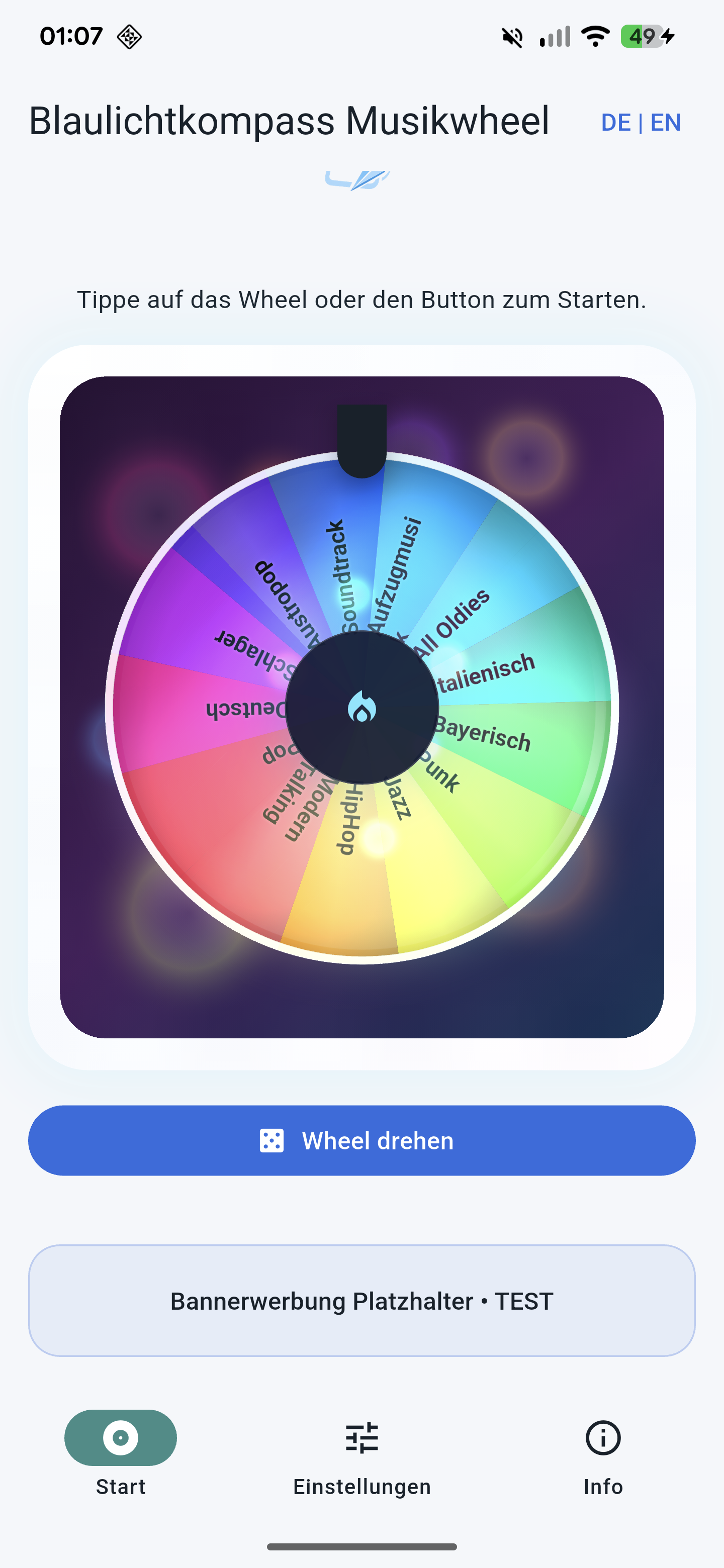 Screenshot des Musik-Wheels von Blaulichtkompass Musikwheel im hellen Design