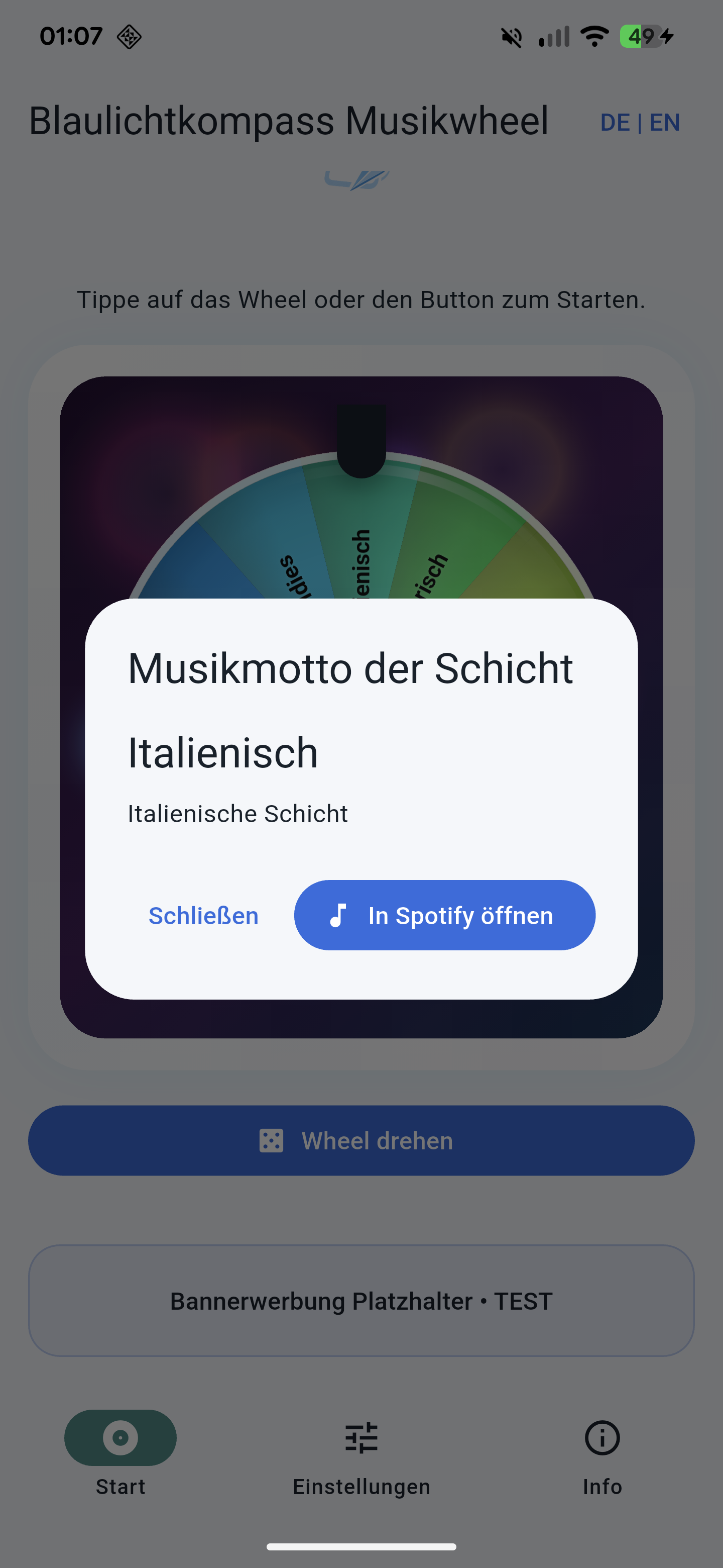 Screenshot der Ergebnisansicht mit Spotify-Öffnen in Blaulichtkompass Musikwheel