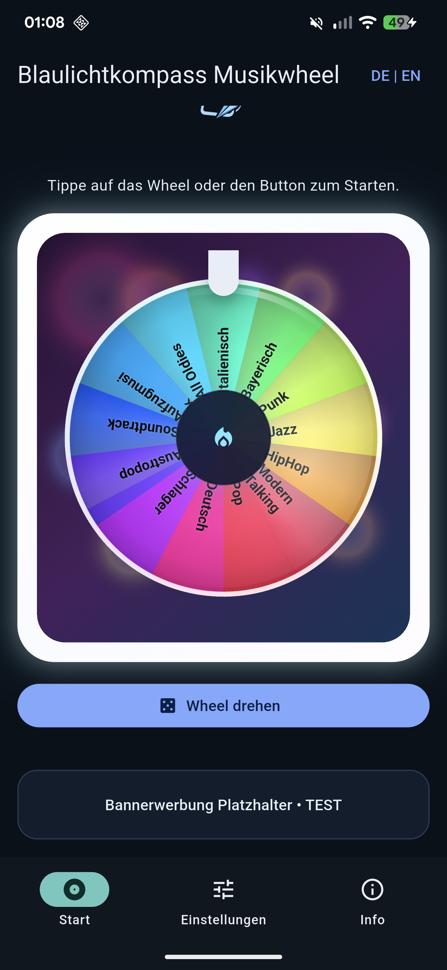 Screenshot der Startansicht von Blaulichtkompass Musikwheel im dunklen Design